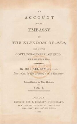 Vol. 1: An account of an embassy to the kingdom of Ava