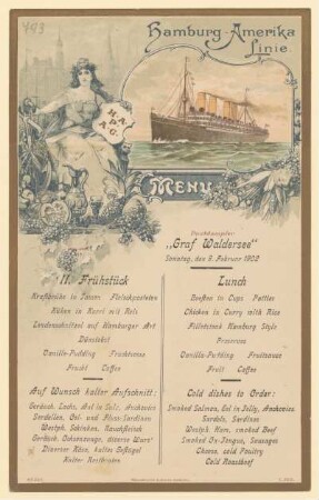 Menükarte : II. Frühstück, Postdampfer "Graf Waldersee"