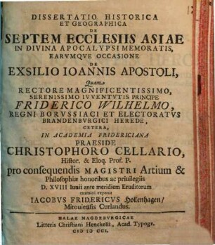 Dissertatio Historica Et Geographica De Septem Ecclesiis Asiae In Divina Apocalypsi Memoratis, Earvmqve Occasione De Exsilio Ioannis Apostoli