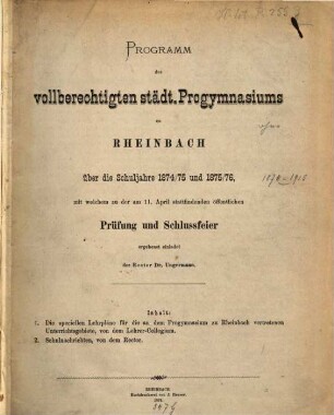 Programm des Vollberechtigten Städt. Progymnasiums zu Rheinbach : für das Schuljahr .... 1874/76