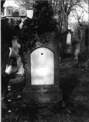 Grabstein 149 (Index: 100100257) Zustand: mit Efeu bewachsen Maße HxBxT: 135x54x25 cm Symbolik: Blume, Blüten: Grabstein 149