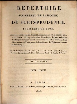 Répertoire universel et raisonné de jurisprudence, 4. Don - Exec