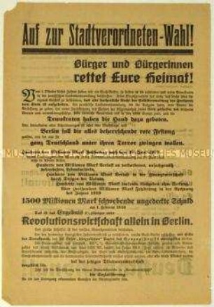Aufruf der Deutschnationalen Volkspartei zur Berliner Stadtverordnetenwahl 1920