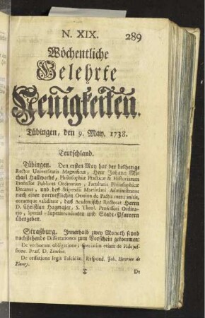 N. XIX. Tübingen, den 9. May. 1738