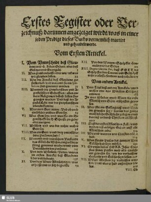Erstes Register oder Verzeichnuß, darinnen angezeiget wirdt, was in einer jeden Predigt dieses Buchs vornehmlich tracirt und gehandelt werde