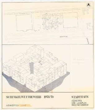 »Das Stadthaus« für die IBA an der Kochstraße, Berlin-Kreuzberg Schinkelwettbewerb 1979: Axonometrie 1:200 und Lageplan 1:500