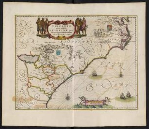 Karte von North Carolina, USA, ca. 1:2 300 000, kolorierter Kupferstich, 1645 : Virginiae partis australis, et Floridae partis orientalis, interiacentiumque regionum Nova Descriptio. - [Ca. 1:2.300.000]. - [Amsterdam] : [Ioannes Ianssonius], [1645]. - 1 Kt : Kupferst ; 37 x 49 cm. - Maßstab in graph. Form (Milliaria Germanica communia)