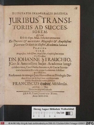 Disputatio Inauguralis Iuridica De Iuribus Transitoriis Ad Successorem