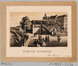 Die Treppe zur Brühlschen Terrasse in Dresden, Blick vom Schlossplatz auf das Fürstenbergische Haus (Finanzhaus) und das Palais Brühl (um 1900 für das Ständehaus abgerissen)
