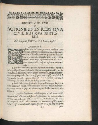 Dissertatio XVII. De Actionibus In Rem Qua Civilibus Qua Praetoriis. (Christian. Henricus ab Osterhausen)