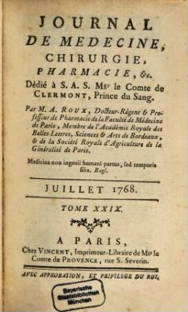 Journal de médecine, chirurgie, pharmacie. 29. 1768