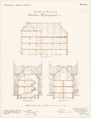 Feldartilleriekaserne, Halle/Saale: Familienwohnhaus I: Längsschnitt, Querschnitte 1:100