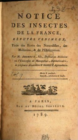 Notice des insectes de la France, réputés venimeux