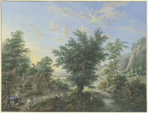 Reiche Landschaft mit Bäumen, Wiesen und Dörfern, vorne links eine Hütte mit Ziehbrunnen und vielen Figuren