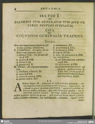 Sectio I. De Columnis Tum Generatim Tum Apud Veteres Populos Speciatim