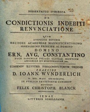 Dissertatio Ivridica De Condictionis Indebiti Renvnciatione