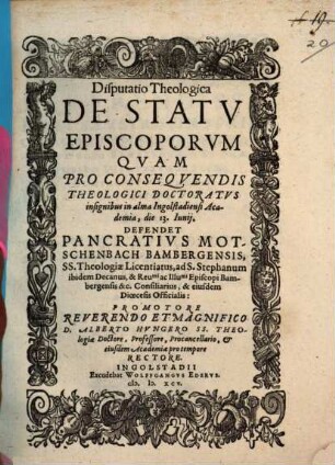 Disputatio Theologica De Statv Episcoporvm