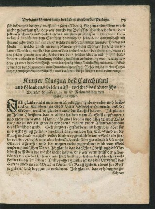 Kurtzer Auszug deß Catechismi und Glaubens bekäntnüß ...