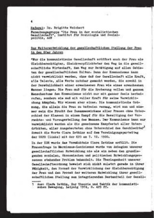 Zur Weiterentwicklung der gesellschaftlichen Stellung der Frau in den 80er Jahren