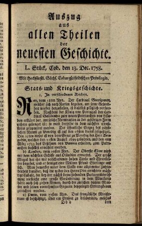 L. Stück. Coburg, den 13. Dec. 1758.