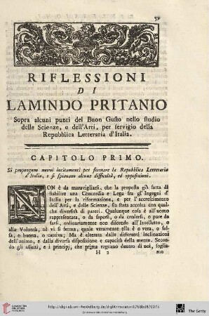 Riflessioni di Lamindo Pritanio. Spra alcuni punti del Buon Gusto nello studio delle Scienze, e dell'Arti, per fervigio della Repubblica Letteraria d'Italia