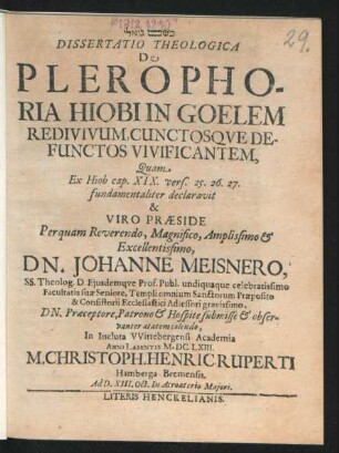 Dissertatio Theologica De Plerophoria Hiobi In Goelem Redivivum, Cunctosque Defunctos Vivificantem