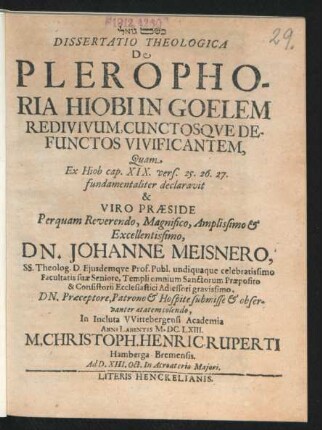 Dissertatio Theologica De Plerophoria Hiobi In Goelem Redivivum, Cunctosque Defunctos Vivificantem