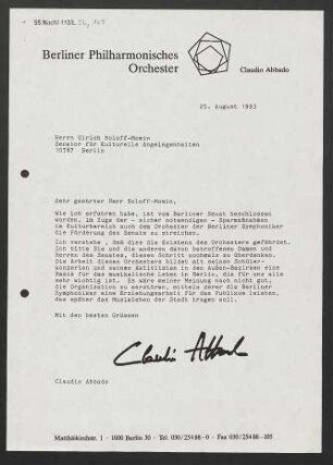 Brief an Ulrich Roloff-Momin an Berlin / Senatsverwaltung für Kulturelle Angelegenheiten, 25.08.1993