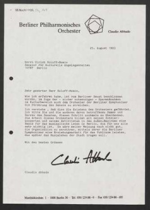 Brief an Ulrich Roloff-Momin an Berlin / Senatsverwaltung für Kulturelle Angelegenheiten, 25.08.1993