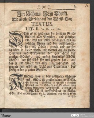 Im Nahmen JEsu Christi. Die Erste Predigt auf den Christ-Tag.