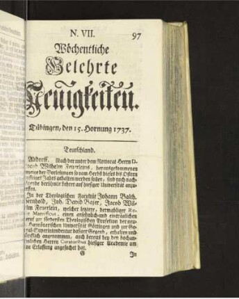 N. VII. Tübingen, den 15. Hornung 1737