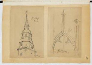 Evangelische Kirche, Gambach Fenster, Friedberg: Perspektivische Ansicht Kirchturm, Detail Fenster (aus: Skizzen- und Fotoalbum 23)