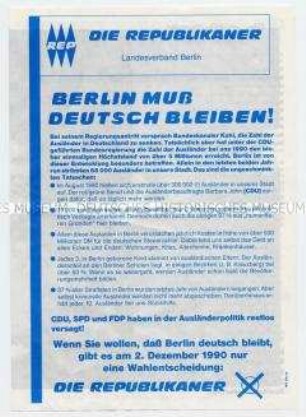 Flugschrift der Republikaner zur Wahl des Berliner Abgeordnetenhauses am 2. Dezember 1990