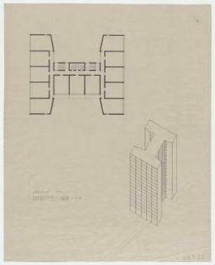 Hansaviertel, Internationale Bauausstellung 1957, "Wohnhochhaus Giraffe", Objekt 1 (Variante nicht realisiert) – Typ H: Grundriss, Isometrische Projektion. Berlin-Tiergarten, Klopstockstraße 2