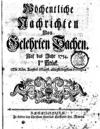 1754: Wöchentliche Nachrichten von gelehrten Sachen auf das Jahr 1754