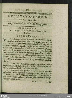 Dissertatio Harmonica XLII. De gonorrhoea, satyriasi, & priapismo
