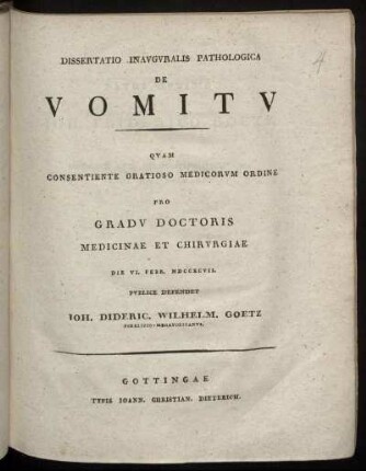 Dissertatio Inauguralis Pathologica De Vomitu : Die VI. Febr. MDCCXCVII.