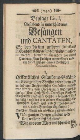 Beylage Lit. I. Bestehend in unterschiedenen Gesängen und Cantaten, ...