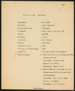 Opernhaus, Köln: Schriftstück zum Fragebogen für das Handbuch »Das Deutsche Theater«