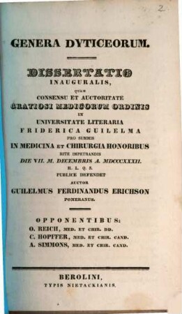 Genera dyticeorum : dissertatio inauguralis