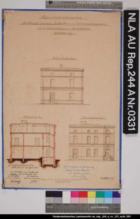 Ansichten und Schnitt vom Maschinisten-Wohnhaus des Maschinengebäudes für die Kanalisation und Wasserleitung der Insel NORDERNEY Kolorierte Zeichnung von Börner Papier Format 31,2x46,2 M 1:100