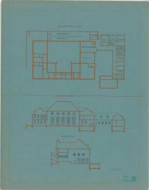 Fischer, Theodor; Geislingen / Steige; Saalbau - Grundriss Keller, Querschnitt, Längsschnitt