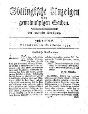 51stes Stück. Sonnabend, den 18ten December 1773.