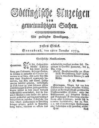 51stes Stück. Sonnabend, den 18ten December 1773.