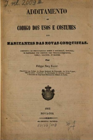 Additamento ao codigo dos usos e costumes dos habitantes das novas conquistas