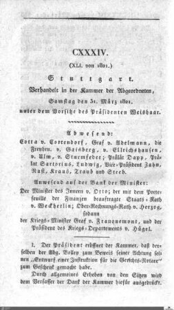 134. Sitzung, Stuttgart, 31.3.1821