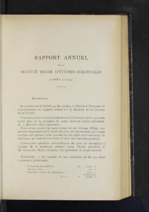 Rapport Annuel De La Société Belge D'Études Coloniales.