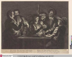 [Zwei Frauen mit einer Gruppe von Pfeife rauchenden und trinkenden Kartenspielern an einem Tisch]