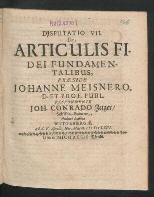 Disputatio VII. De Articulis Fidei Fundamentalibus