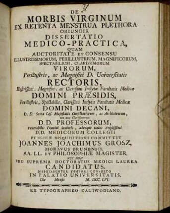 De Morbis Virginum Ex Retenta Menstrua Plethora Oriundis : Dissertatio Medico-Practica